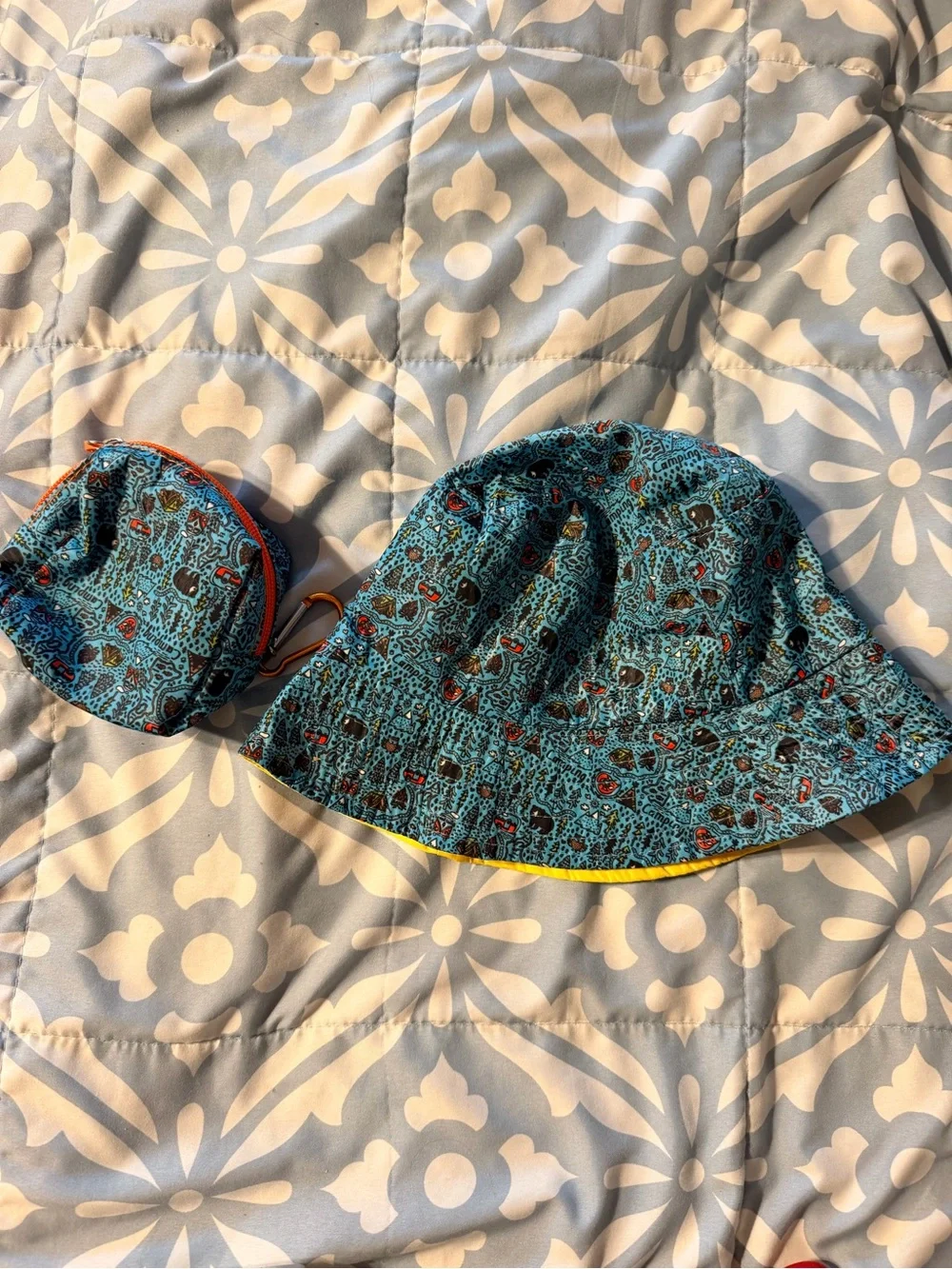 Reversible Kids Sun Hat in Teal Pattern with Yellow Trim